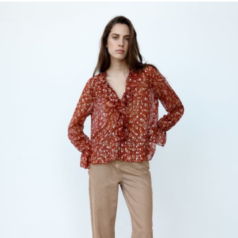 Zara FLORAL PRINT BLOUSE, red  ruffle